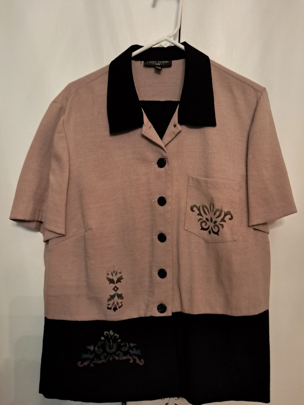 Lady Dorby Two-Tone Tan and Black Button Front Top With Matching Black Pants